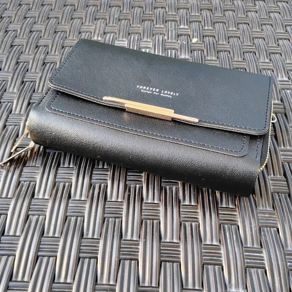 Forever Lovely Large Black Vegan Leather Wallet Clutch Gold Accents By Madley